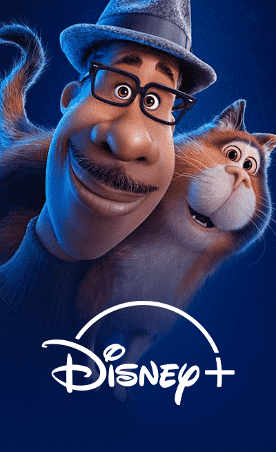 Promotional image for Disney+ featuring Joe Gardner and Mr. Mittens from the movie Soul