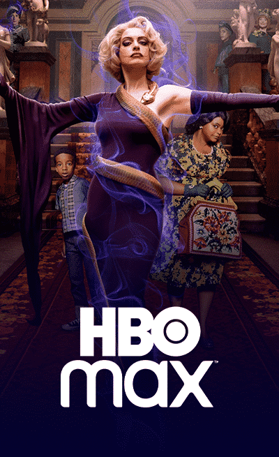Promotional poster for an HBO Max series showing a dramatic pose by the lead actress in a purple dress, with supporting characters in the background inside a luxurious mansion.