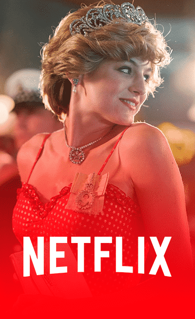 Actress portraying Princess Diana in a Netflix series, wearing a red dress and tiara, smiling at a glamorous event.